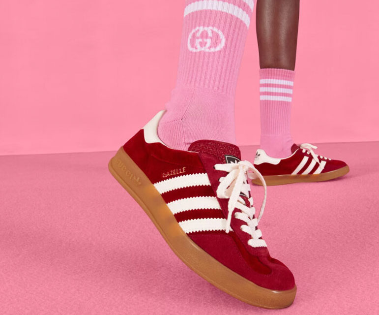 Pink Gucci Socks and red Adidas shoes